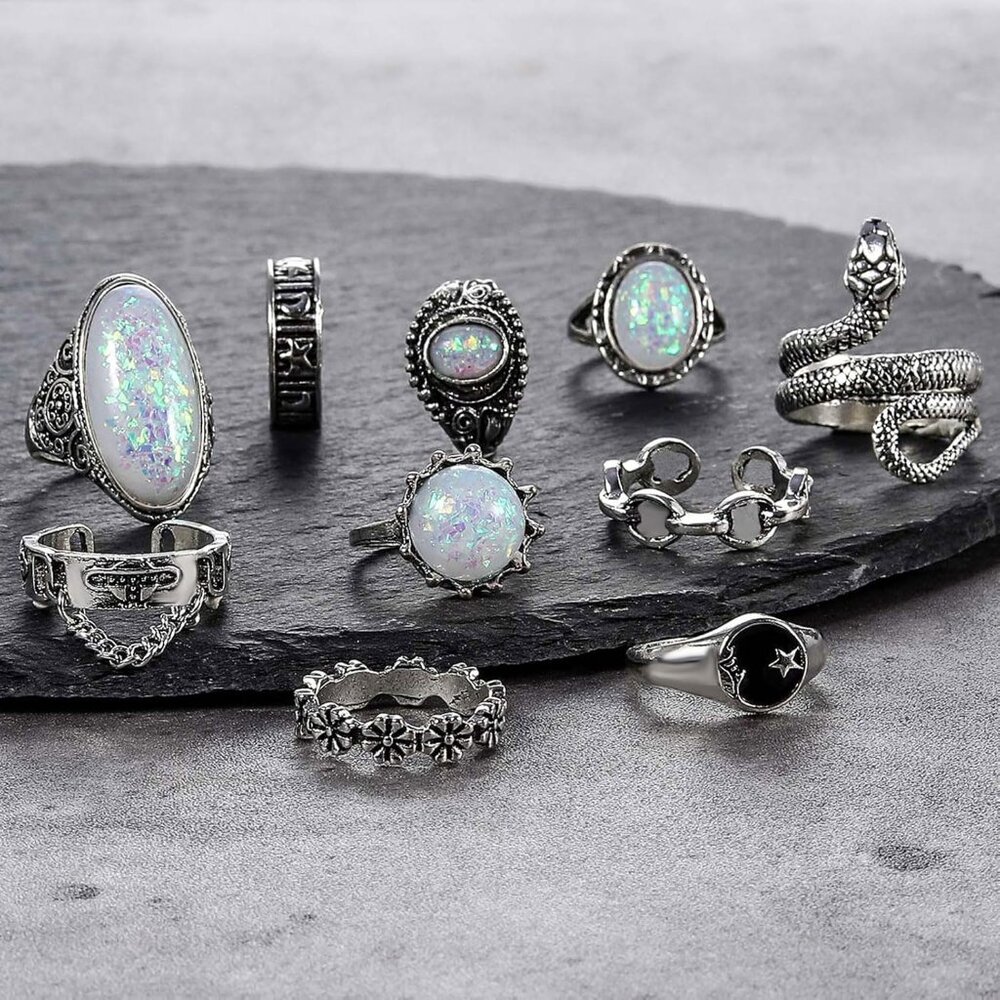 Vintage Silver Knuckle Rings Set For Women Men, Chunky Rings Aesthetic Snake Gru View 5